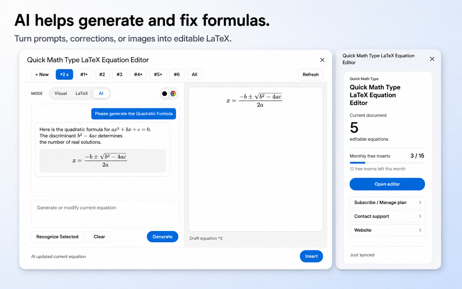AI generates and fixes LaTeX formulas from prompts, corrections, or images