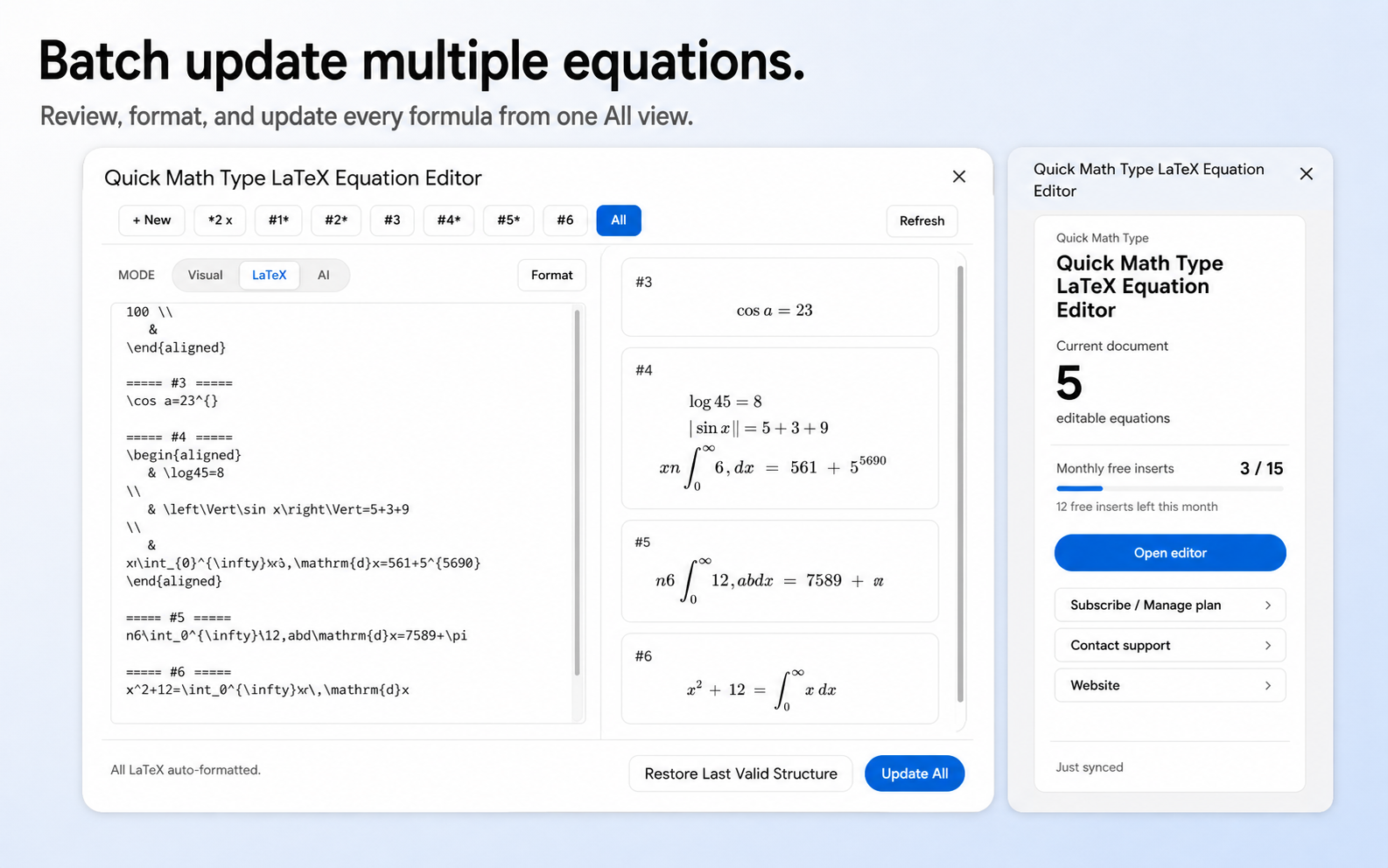 Batch update and auto-format multiple LaTeX equations from the All view