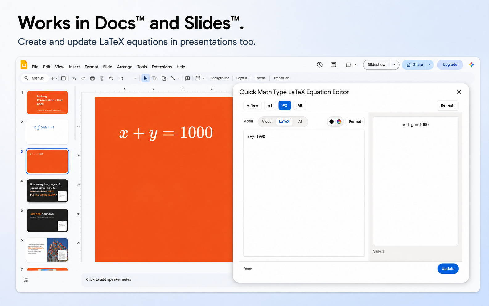 Insert and edit LaTeX equations on a slide in Google Slides