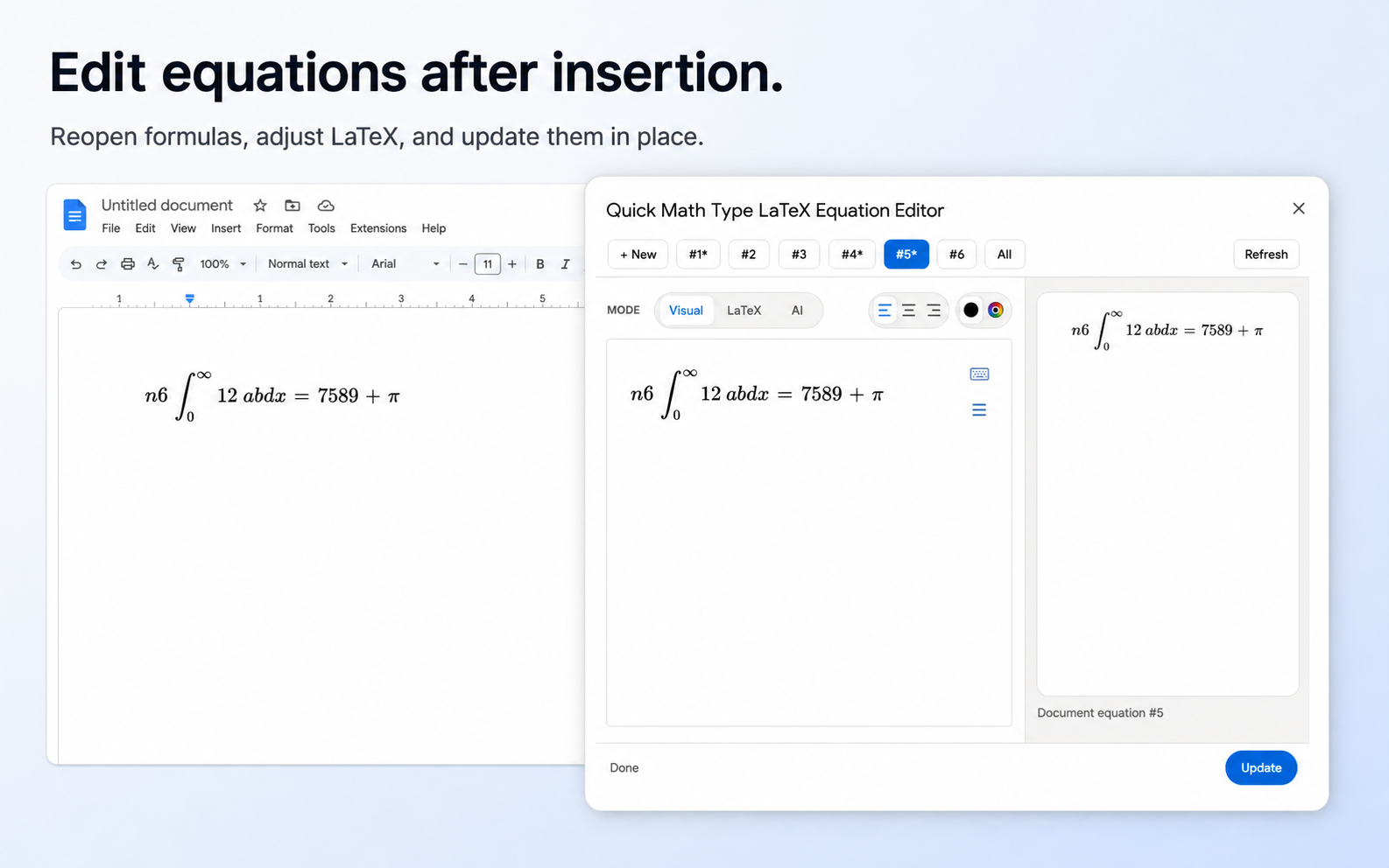 Reopen and edit an inserted LaTeX equation in place in Google Docs